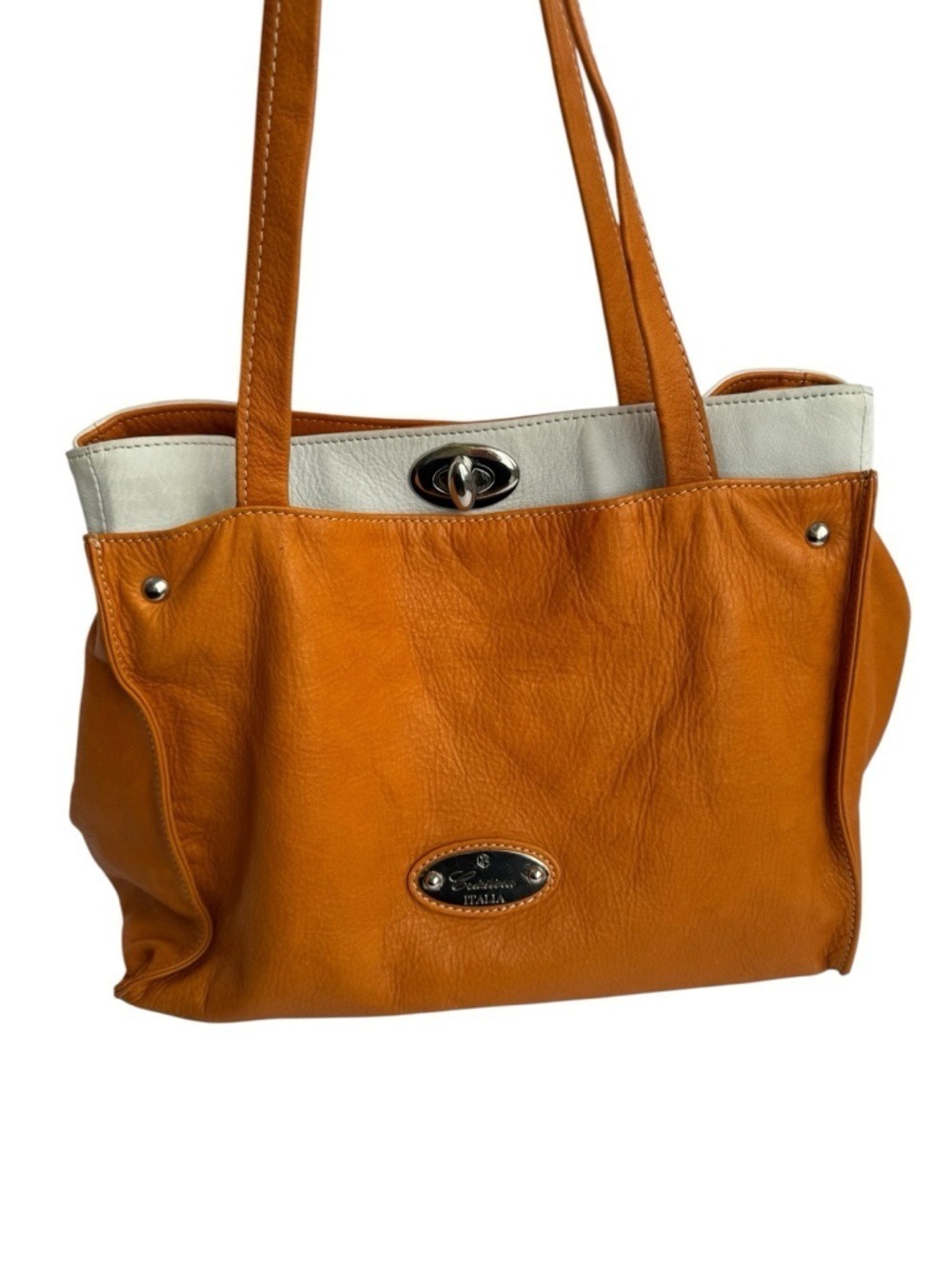 Cristina Italia Leather Tote Orange White Shoulder Bag Soft Slouchy Italian